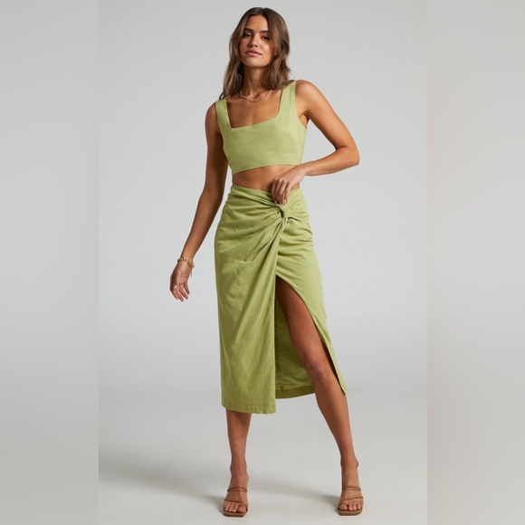 Showpo. Other - GIBSON TWO PIECE SET - LINEN CROP TOP AND MIDI SKIRT SET IN CELERY